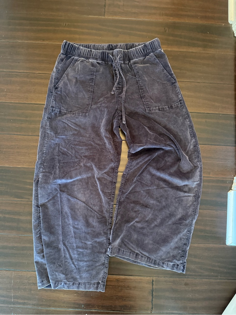 Mid Rise Baggy Casual Drawstring Corduroy Pants - Navy/Grey